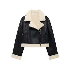 Veste Motard en Cuir Synthétique pour Femme Bordure Fausse Peau Lainée Revers Fermeture Éclair Court Vêtement Chaud Automne Hiver