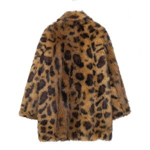 Women's faux fur leopard print coat with long sleeves and fluffy animal texture for autumn