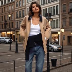 Khaki suede jacket with black leather collar and large pockets in streetwear style