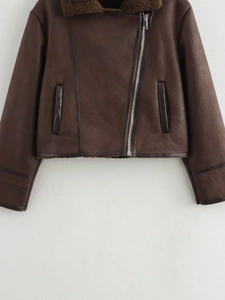 Detailed view of women's dark brown faux suede biker jacket with faux shearling collar