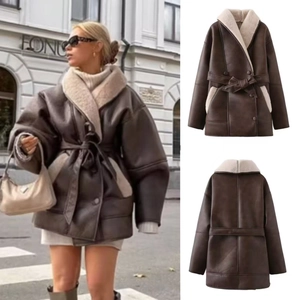 Women Street Fashion Faux Leather Shearling Coat Contrast Faux Fur Lined Trench Jacket With Belt Retro Warm Outerwear