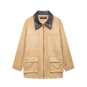 Women's khaki faux suede jacket with contrasting leather collar and large utility pockets