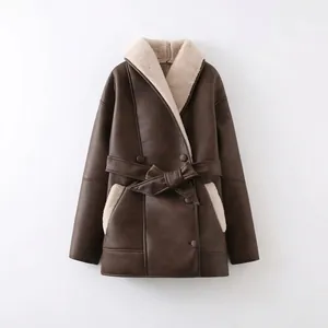 Brown faux leather coat with shearling lining and waist belt on white background