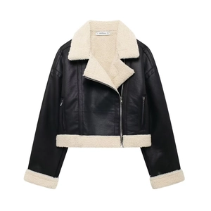 Veste courte de motard pour femme en similicuir avec col en laine d'agneau