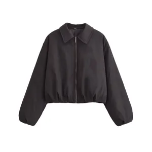 Veste Rembourrée en Coton Décontractée Mode Urbaine Femmes Automne Hiver Revers Fermeture Éclair Bomber Court Manteau Noir Uni