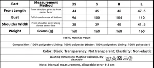 Guide des tailles pour gilet en velours noir avec mesures en cm du XS au L