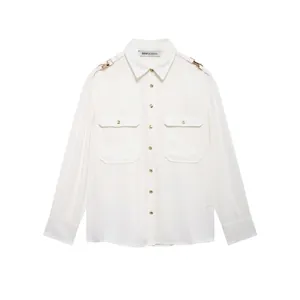 Women Fashion Solid Color White Chiffon Blouse Long Sleeve Shirt Gold Metal Shoulder Chain Detail Pocket Work Top