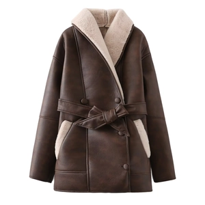Women's long faux leather jacket with sheepskin lining and waist belt in dark brown