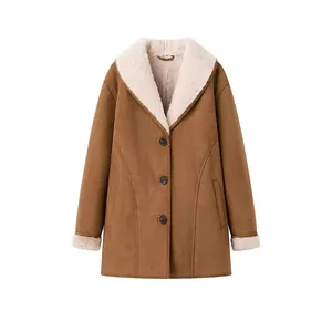 Women Faux Suede Shearling Jacket Warm Winter Mid-Length Coat Lapel Collar Single Breasted Streetwear Fashion Outerwear