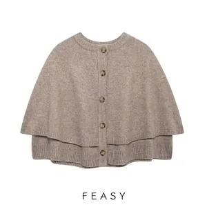Women's Casual Knit Poncho Sweater Round Neck Button Down Double Layer Cape Outerwear Camel Solid Color Short Sleeve Top