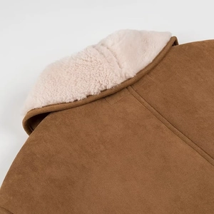 Women's brown faux suede jacket with plush cream faux fur collar and stitch detail