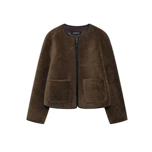 Women's Casual Sherpa Fleece Jacket Long Sleeve Zip Up Round Neck Patchwork Outerwear With Pockets Faux Leather Trim Brown Coat