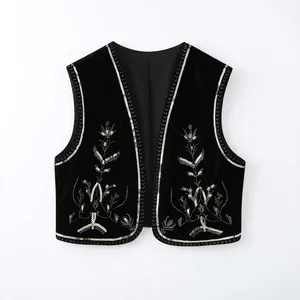 Gilet Casual en Velours pour Femme Broderie de Paillettes Florales Sans Manches Ethnique Streetwear Ouvert sur le Devant Noir