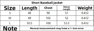 Detailed size chart for short baseball jacket with S-L measurements and fit guide