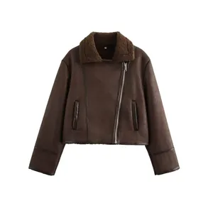 Women Faux Suede Shearling Biker Jacket Dark Brown Short Warm Autumn Winter Moto Coat With Fur Collar Pocket Zipper
