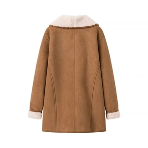 Women's autumn winter camel shearling coat with white faux fur collar and cuffs back view