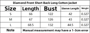 Detailed size chart for diamond quilted high-low puffer jacket with S, M, L measurements