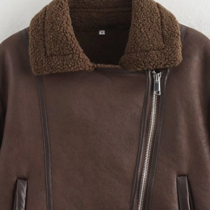 Women's dark brown faux suede jacket with shearling collar and diagonal zipper closure