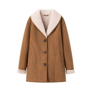 Women's brown faux suede jacket with white shearling lining and three-button closure