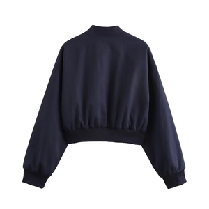 Back view detail of navy blue cropped bomber jacket with ribbed collar and hem texture