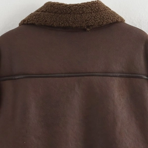 Women's brown faux suede aviator jacket with white shearling collar and back leather piping