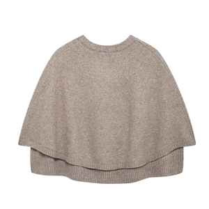 Women's knit cape sweater in beige with chic double-layer design and crew neck style