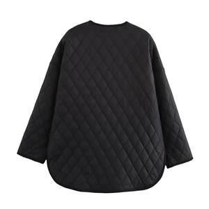 Back view of black quilted jacket with diamond pattern and curved high-low hem design