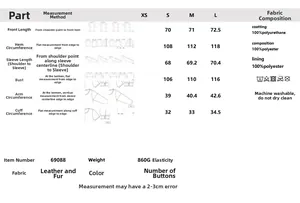 Size guide with measurements for women's shearling jacket and fabric care instructions