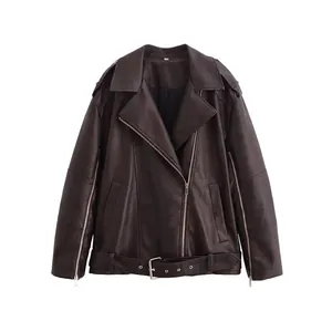 Women Faux PU Leather Biker Jacket Dark Brown Washed Motorcycle Coat With Belt Zipper Lapel Long Sleeve Streetwear Top
