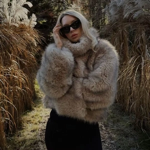 Women's Street Fashion Faux Fur Jacket High Neck Long Sleeve Oversized Warm Faux Fox Fur Coat Outerwear For Winter