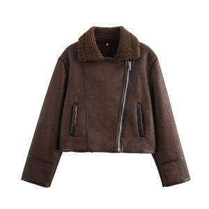 Women's dark brown faux suede biker jacket with thick sherpa collar and metal zipper