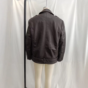 Brown faux leather biker jacket for women featuring a back view with a waist belt design