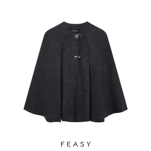 Women Round Neck Knit Poncho Cape Jacket With Silver Metal Buckles Solid Charcoal Grey Streetwear Pullover Outerwear