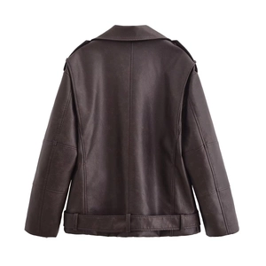 Women's dark brown faux leather biker jacket with retro belt and vintage texture