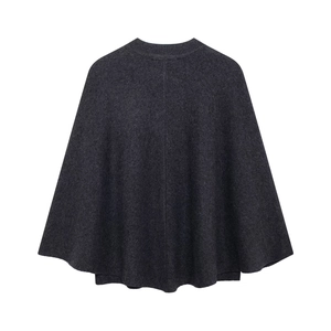 Minimalist dark grey knitted cape coat with ribbed crew neck and elegant drape design