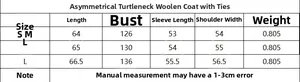 Size chart for asymmetrical lace-up wool coat showing S, M, L dimensions and weight details
