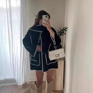 Damen Wollmantel Schalkragen Kontrast Zierstich Quasten Saum Langarm Mittellange Locker Oberbekleidung Jacke