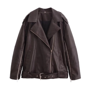 Women's vintage dark brown faux leather biker jacket with asymmetric zipper and belt