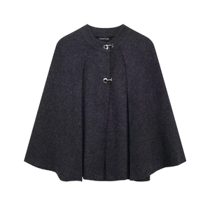 Women's dark gray knit cape coat with crew neck and silver metal buckle closures