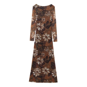 Detail of long sleeve mesh dress with vintage brown floral print and a-line silhouette