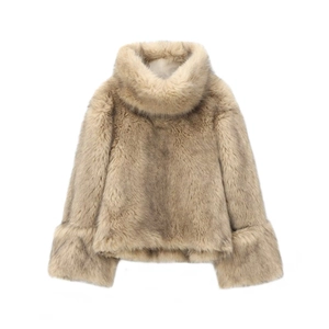 Chic light brown faux fur pullover sweater with high neck and oversized sleeves