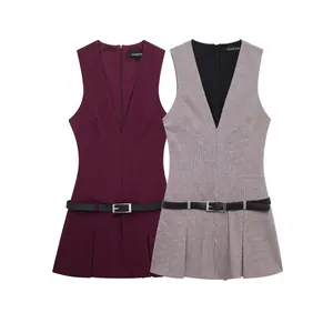 Robe Mi-longue Sans Manches à Col en V Pour Femme Avec Ceinture Style Britannique Élégant Couleur Unie Carreaux Pour Bureau Fête