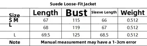 Size chart for women suede loose jacket including length, bust and sleeve measurements