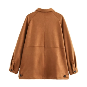 Rear view detail of brown faux suede jacket featuring adjustable hem buttons and fine stitching