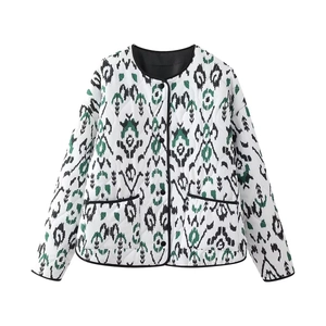 Women quilted cotton jacket with green ethnic Ikat print and black button closure