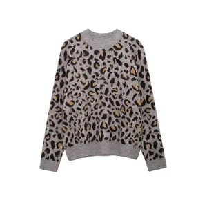 Damen Leopardenmuster Strickjacke Pullover Rundhals Einreihig Langarm Herbst Winter Casual Streetwear Strickwaren Jacke