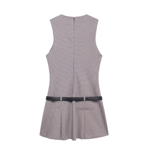 Robe sans manches à motif pied-de-poule avec ceinture et jupe plissée pour l'automne