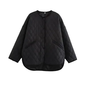 Women's Rhombus Quilted Jacket Round Neck Button Down Casual Loose Long Sleeve Padded Coat Fashion High Low Hem Outerwear