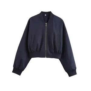 Women Casual Solid Navy Blue Bomber Jacket Lightweight Zipper Outerwear Long Sleeve Ribbed Trim Streetwear Short Coat