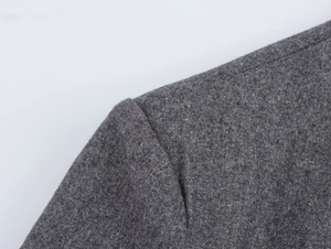 Detail shot showing the shoulder seam and texture of the gray wool blend blazer jacket